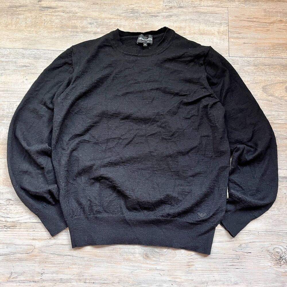 Emporio Armani Black Knit Sweater Made in Italy Size 52 Luxury Minimalist Medium